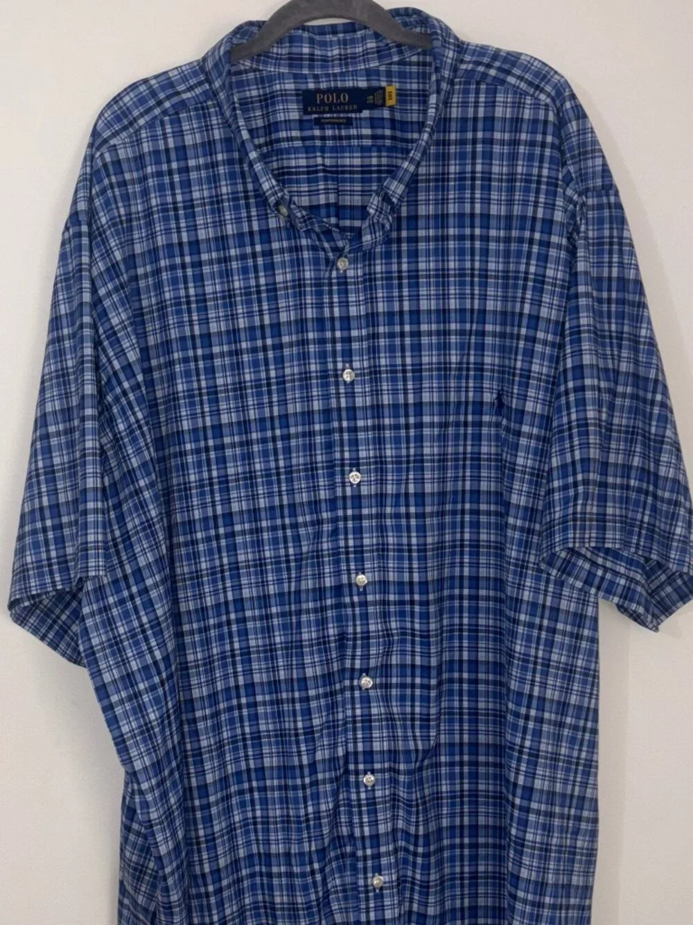 Men's Polo Ralph Lauren Performance Short Sleeve Plaid Blue White 4XB LIKE NEW